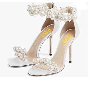 FSJ White High Heel Open Toe Pearls Ankle Strap Pump